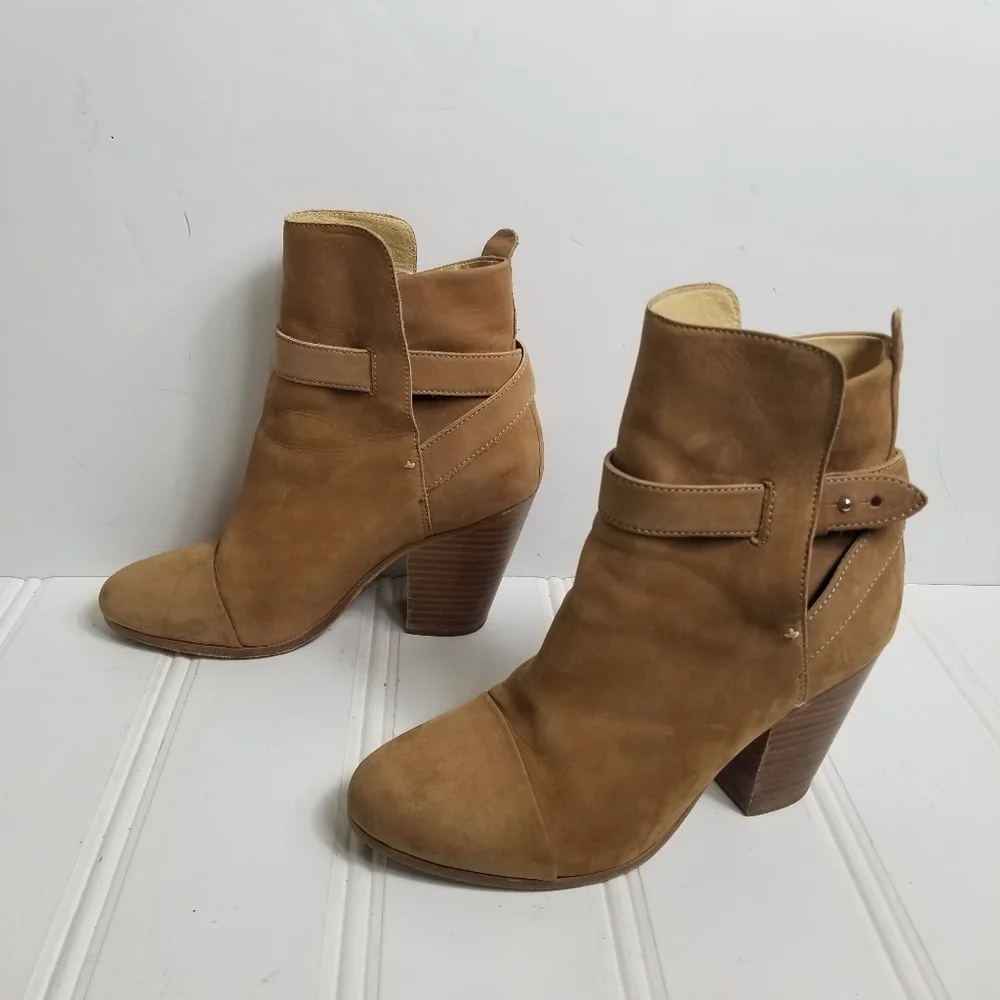 Rag & Bone Kinsey Boots 37.5 Suede Ankle Wrap Strap Chunky Heel Tan Italy
